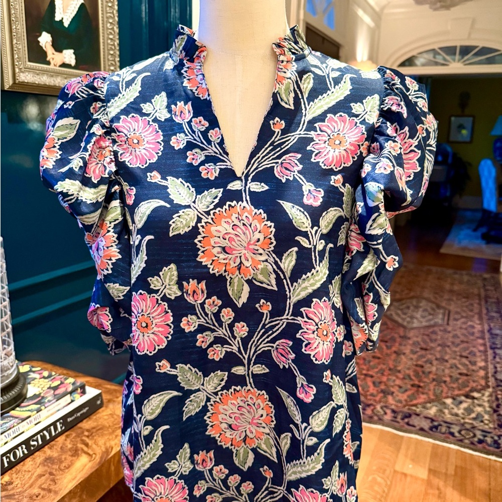 THML Blue and Orange Puff Sleeve Ruffled Blouse